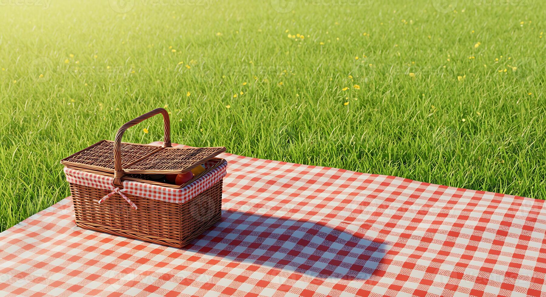 A Sunny Day Picnic Basket on Red and White Checkered Picnic Blanket in a Lush Green Field photo