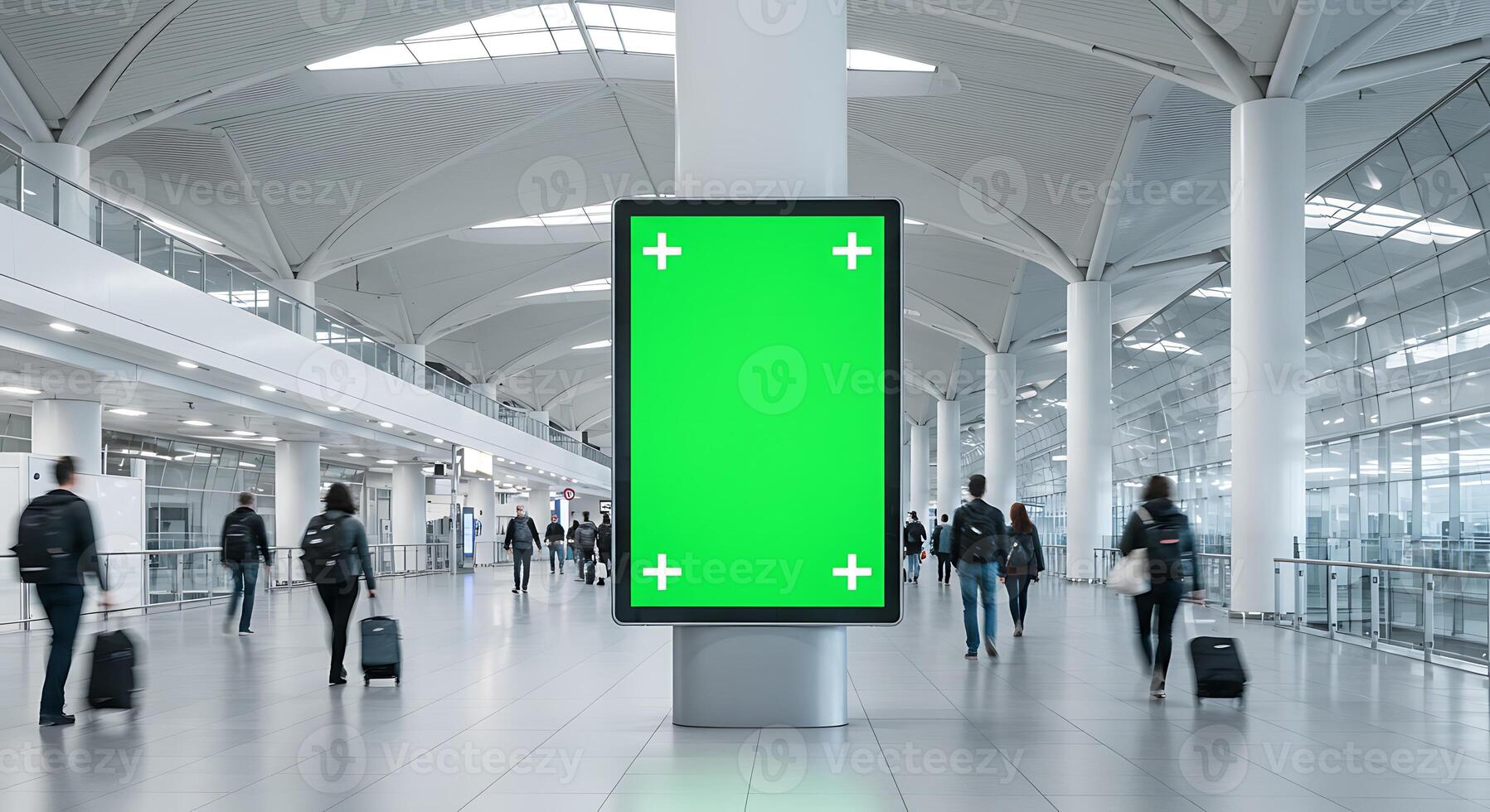 Green Screen Airport Advertisement Mockup. A Modern Airport Terminal with a Large Blank Digital Billboard Display photo