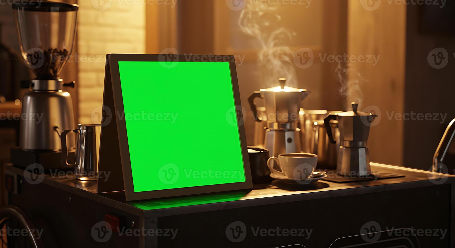 Green Screen Mockup. Coffee Shop Atmosphere photo