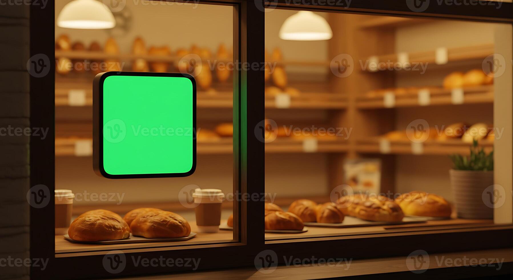 Evening Bakery Showcase. Green Screen Mockup in a Warm, Inviting Atmosphere photo