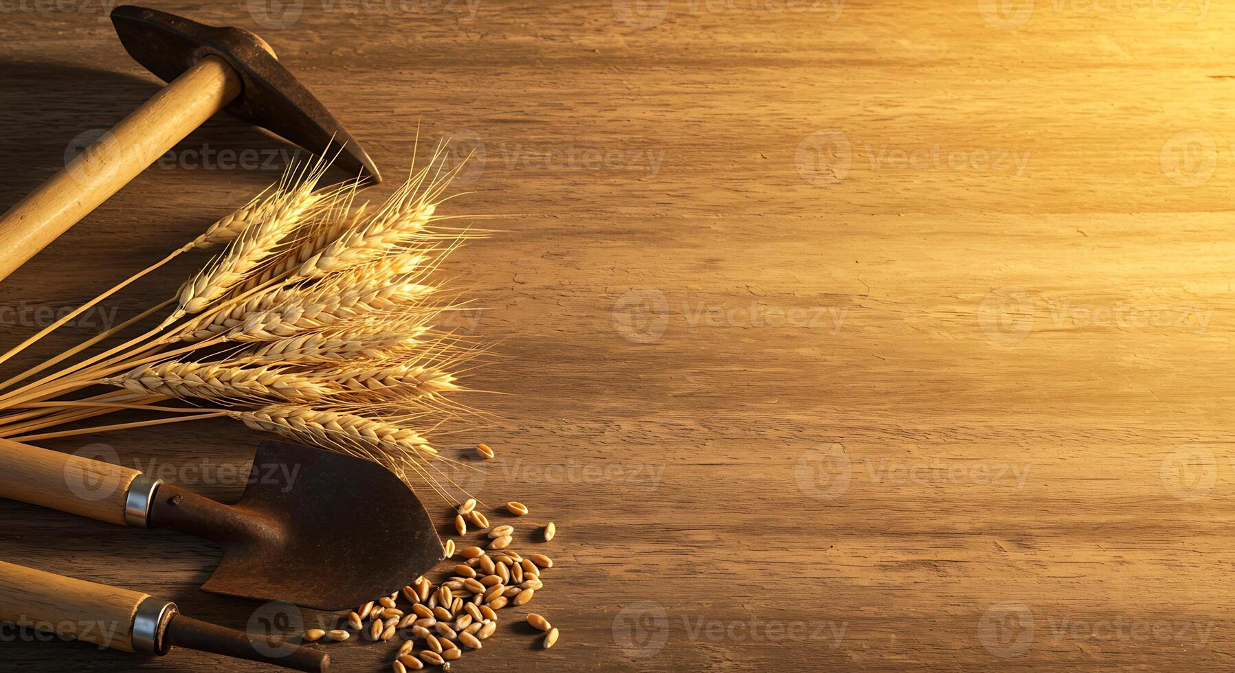 Golden Harvest. Wheat, Tools, and Rustic Wood photo