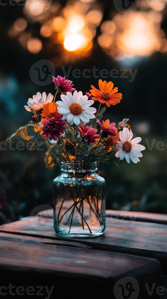 A vase with flowers on a table at sunset photo