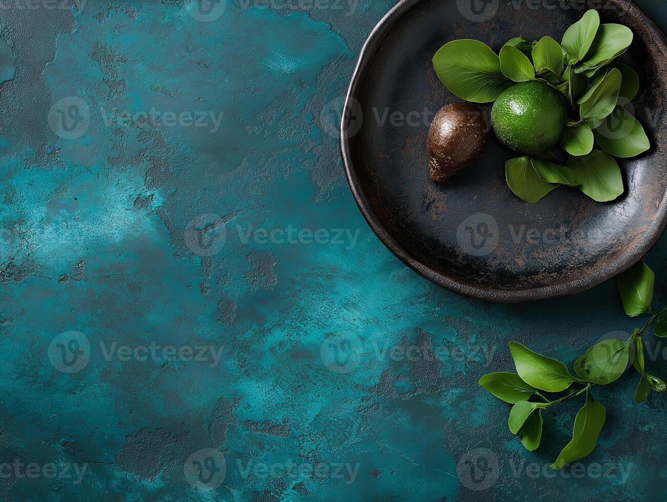 A bowl of green leaves and a lime on a blue background photo