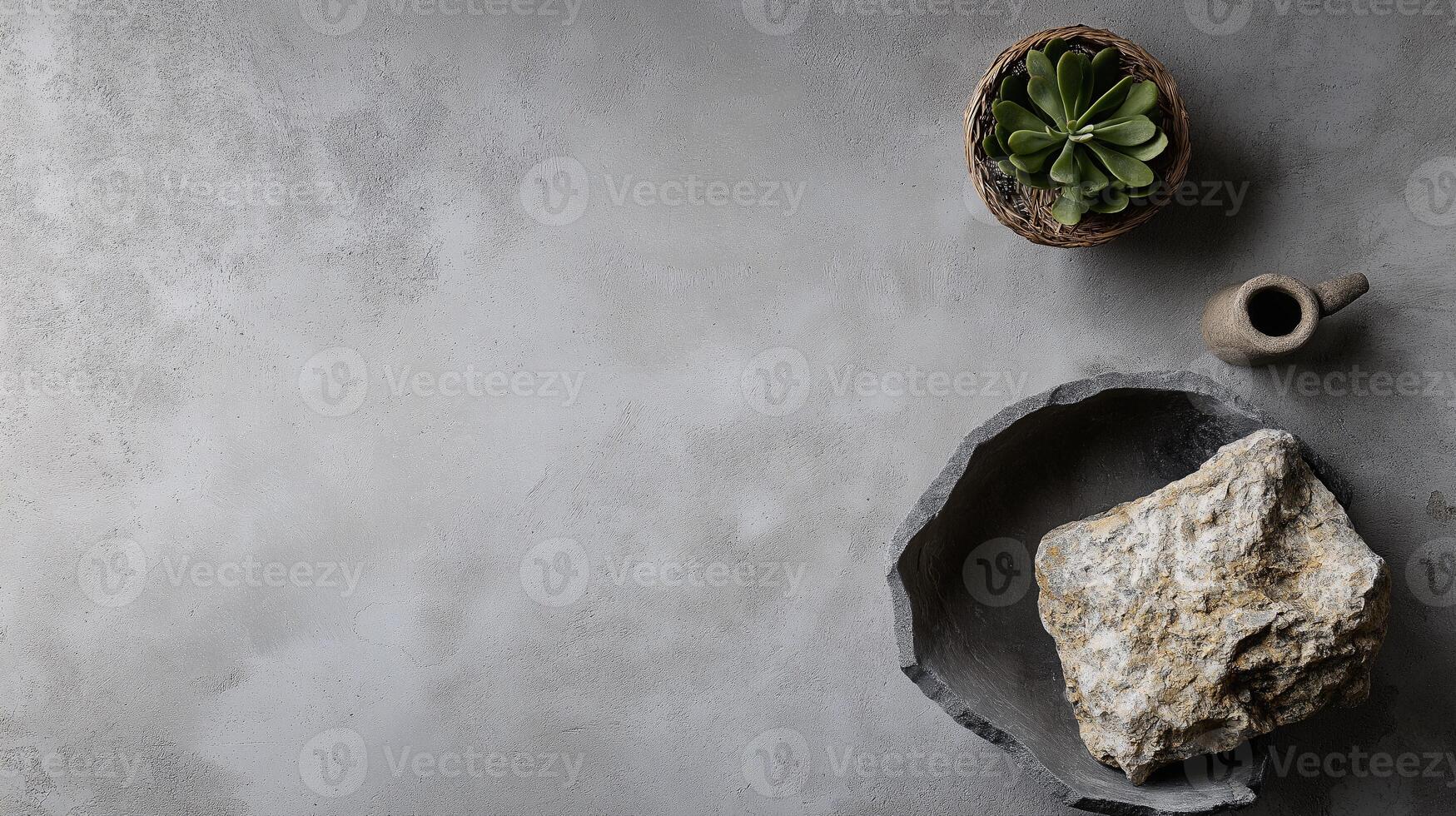A rock and a plant on a concrete surface photo