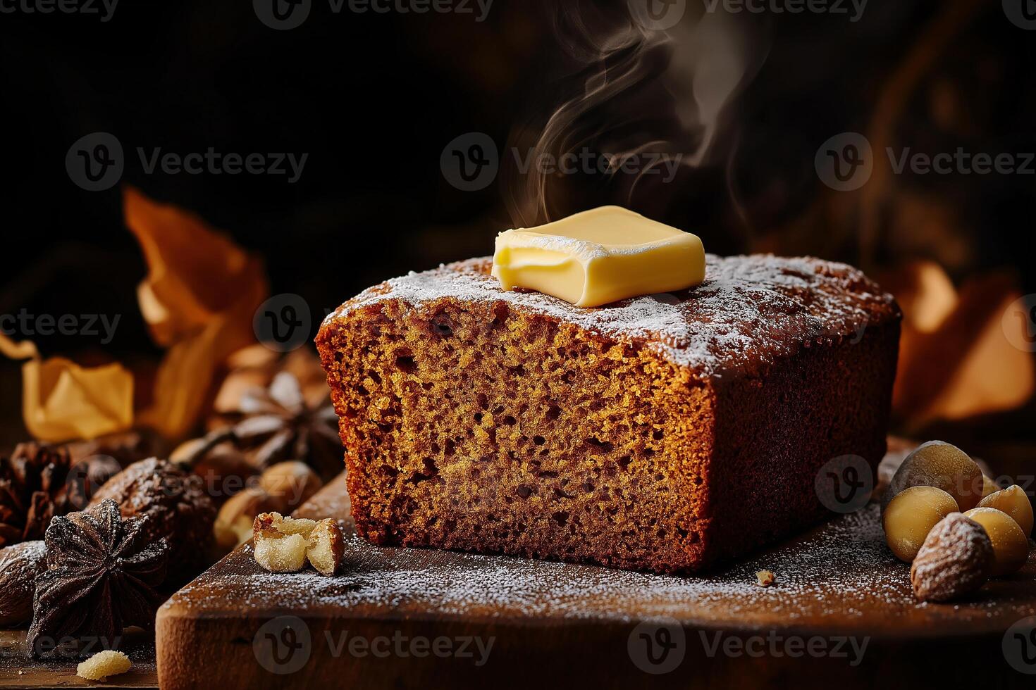 A piece of bread with butter and nuts on a wooden board photo