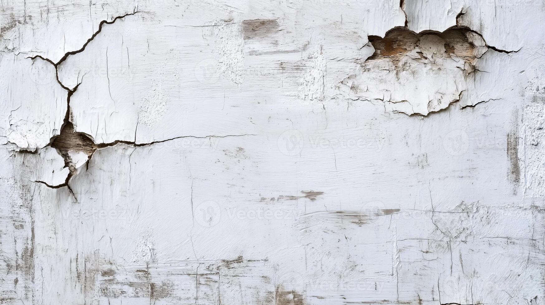 Cracked white paint background with exposed surface underneath. photo