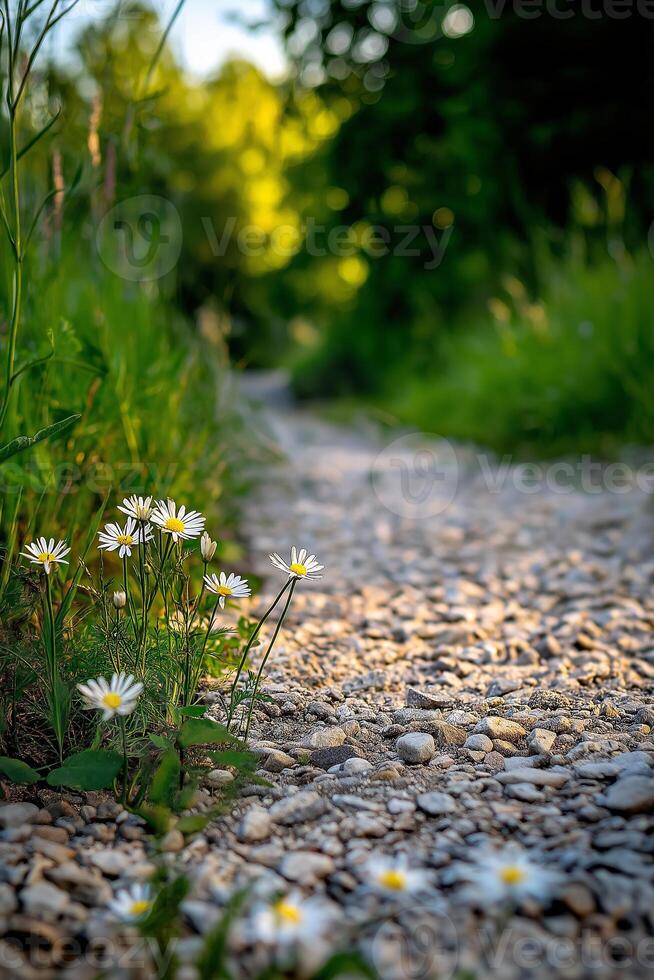 A path with flowers growing on it photo
