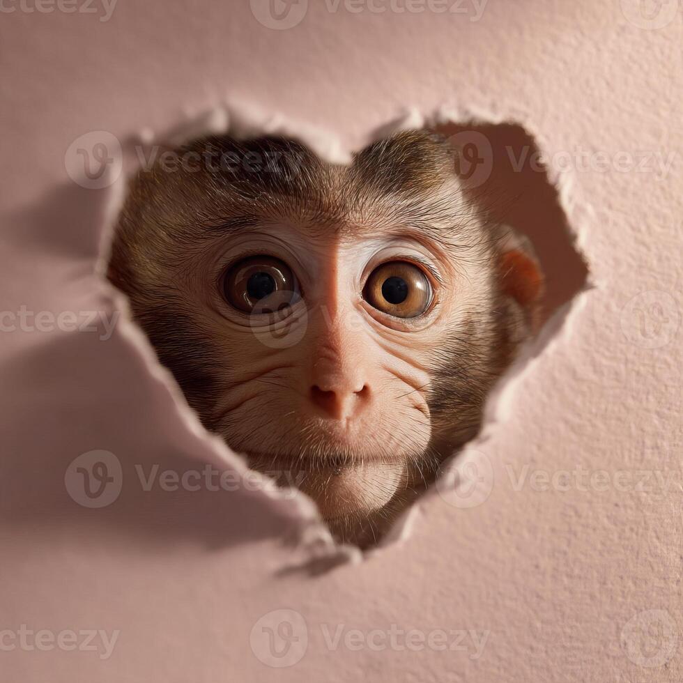 Curious monkey peeking through heart shaped hole in pink paper photo