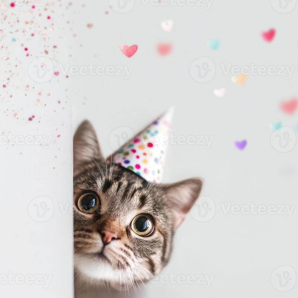 Cute cat wearing party hat peeking behind white background with colorful confetti and hearts photo