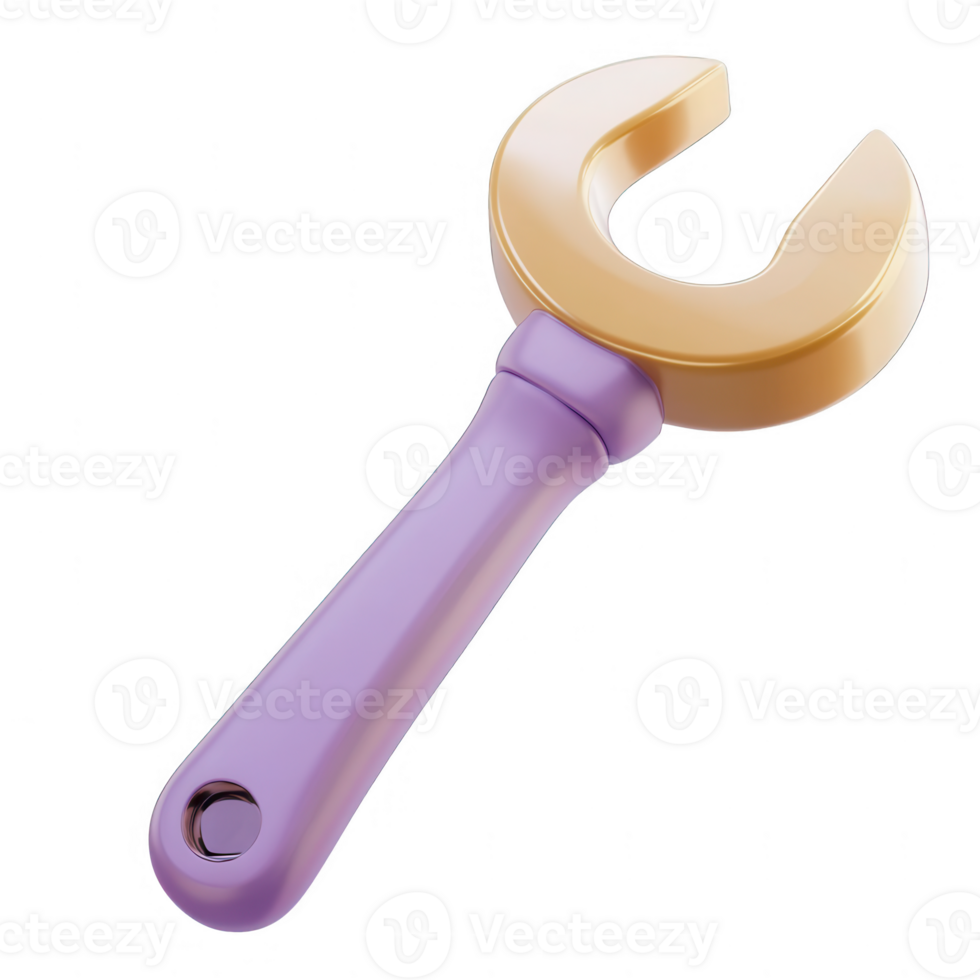 Shiny 3D Render of a Spanner Tool with Gold and Purple Accents png