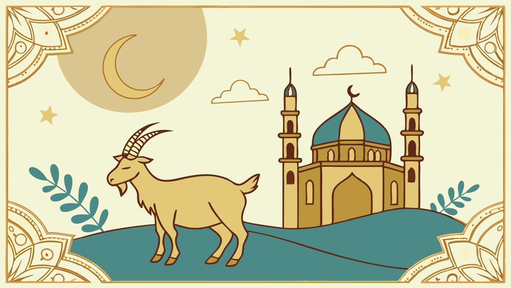 Islamic eid al adha card with goat and mosque vector