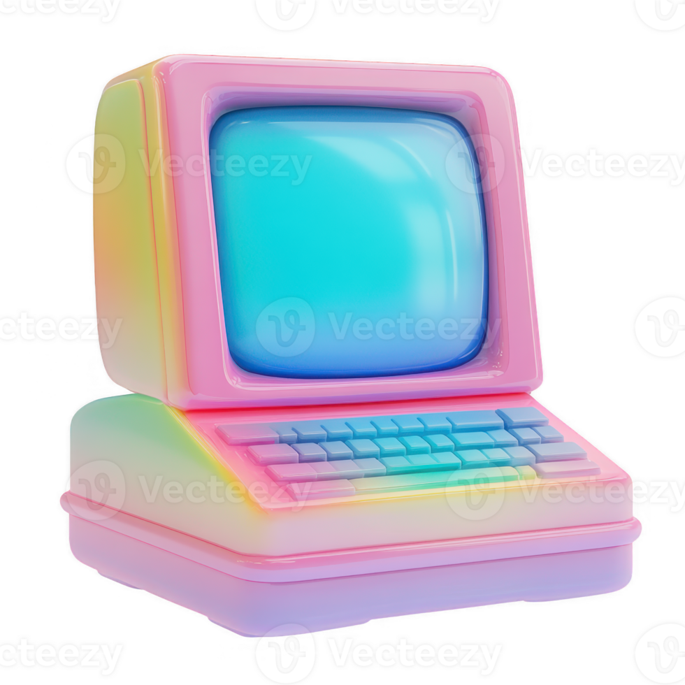 Vaporwave Style Retro Computer Rendering in Pastel Gradient Colors png