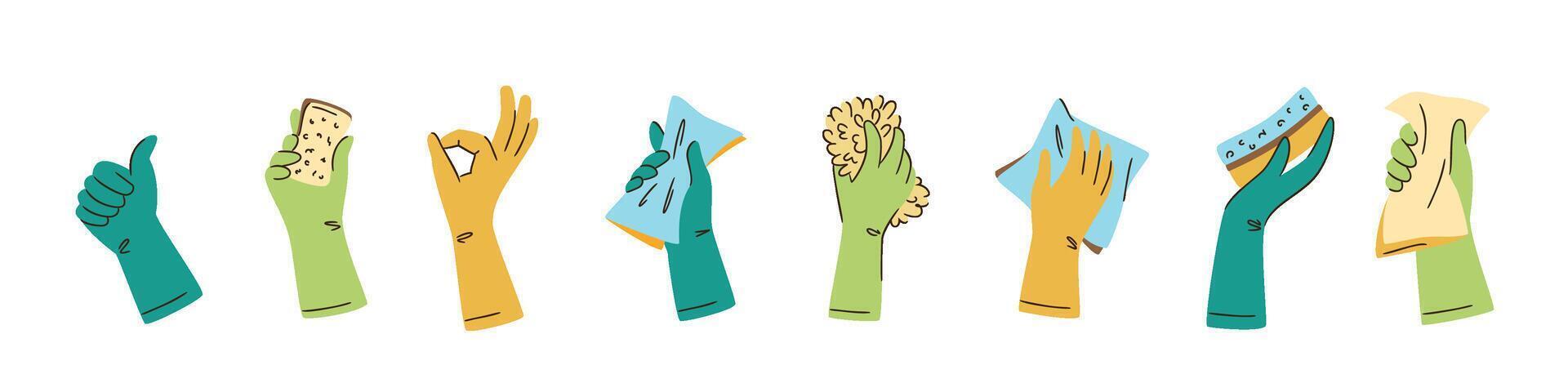 Collection of hands wearing protective rubber gloves and holding cleaning supplies. Sponge, eco detergent, brush. Home cleanup housekeeping cleaners. Spring cleaning. Isolated flat illustration vector