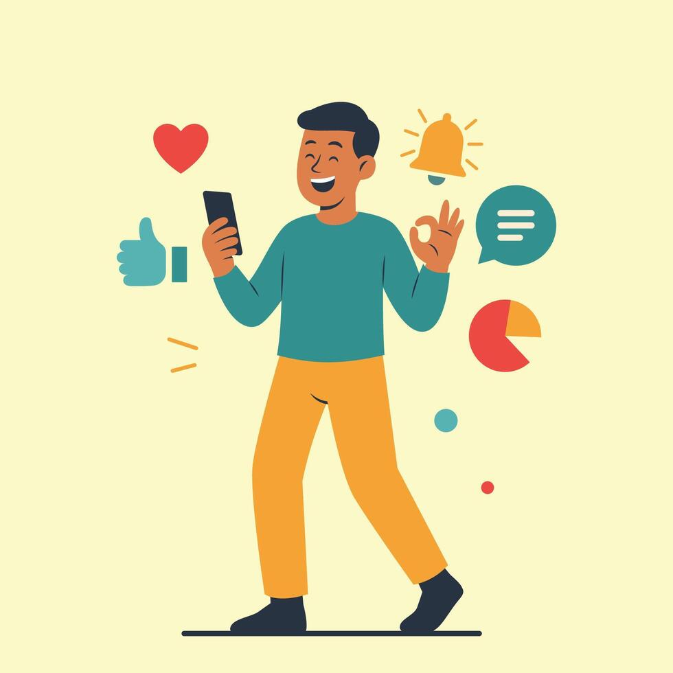 Happy Male Person Cartoon Character Holding Gadget in Social Media Digital World vector