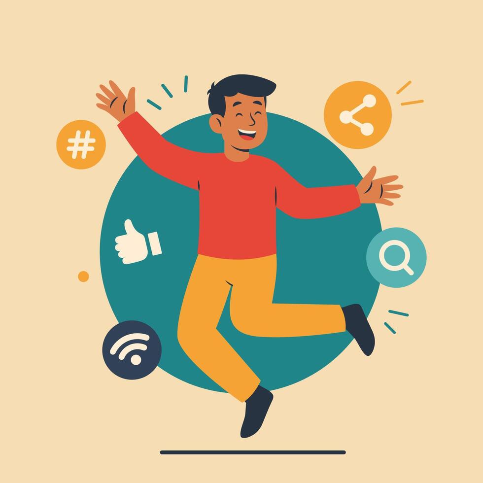 Happy Man People Cartoon Character in Social Media Modern Digital World vector