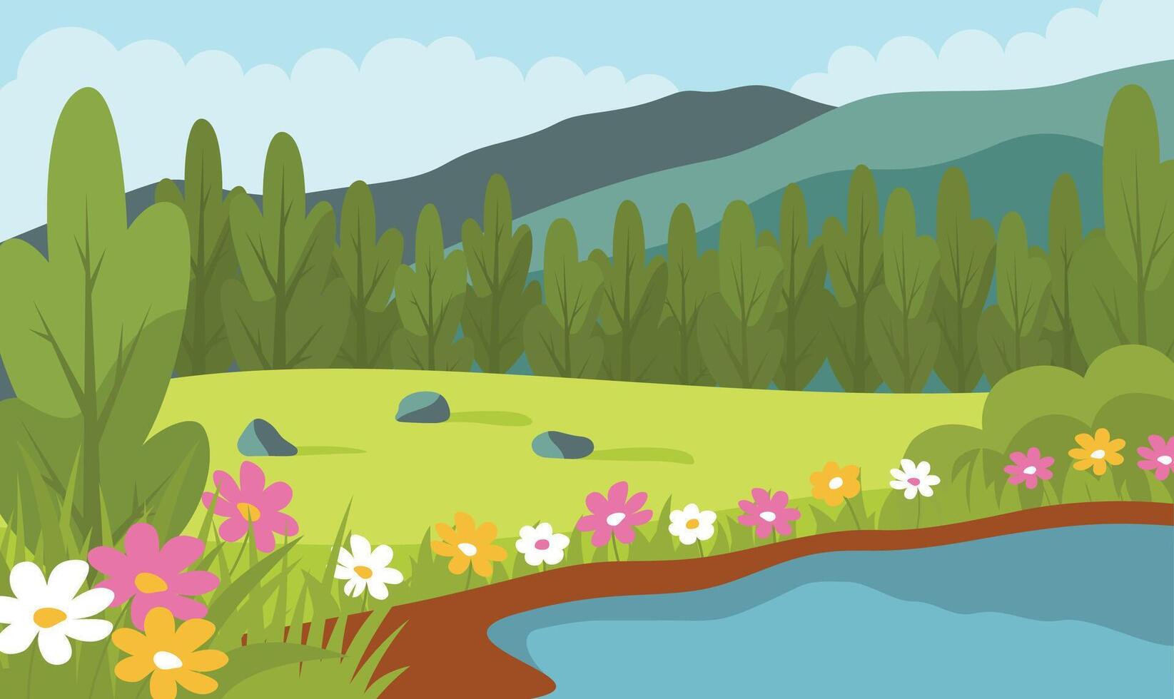 Beautiful Summer Spring Nature Landscape with Hill River View and Blossom Flowers in the Park vector