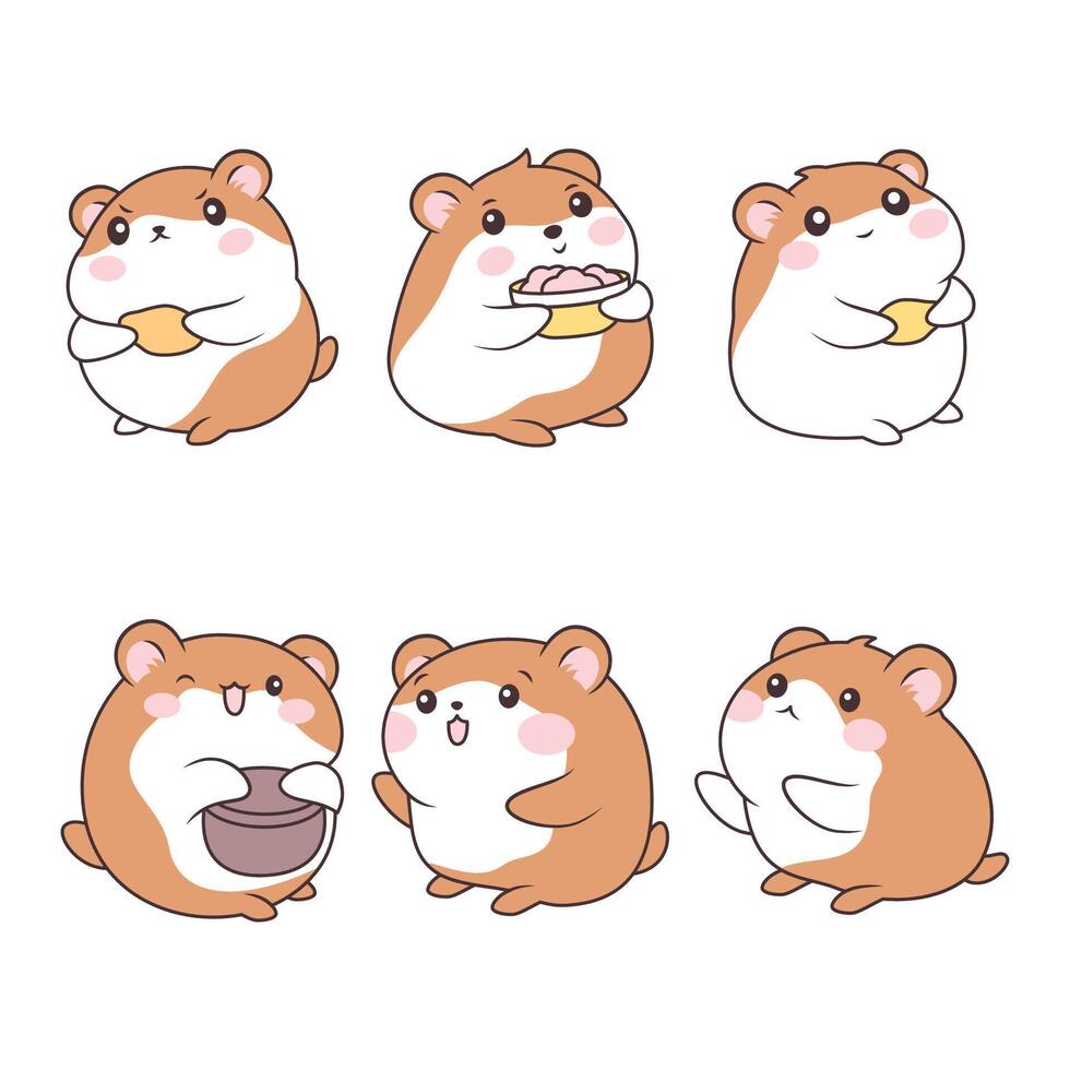 Set of Adorable Kawaii Orange Little Hamster Mouse Animal Cartoon Character with Potato Food in Bowl vector