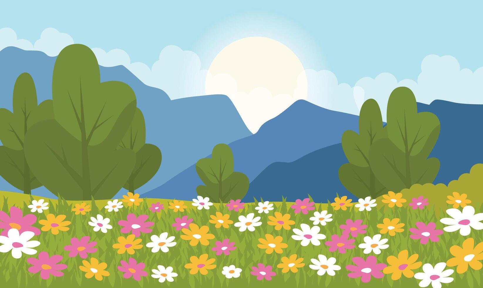Beautiful Summer Spring Nature Landscape with Mountain View and Blossom Flowers at Sunrise vector
