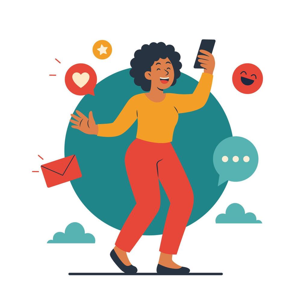 Happy Woman Person Cartoon Character Holding Gadget in Social Media Modern Digital World vector