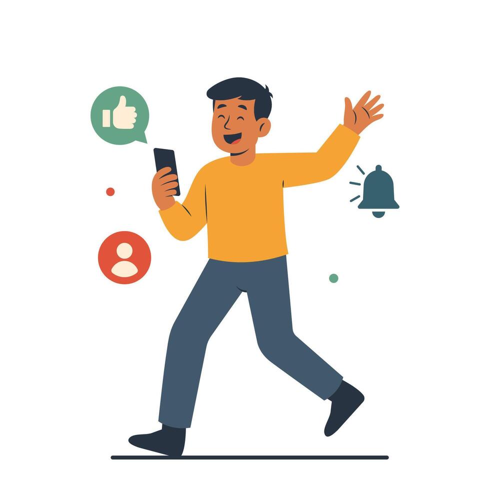 Happy Man Person Cartoon Character Holding Gadget in Social Media Internet Digital World vector
