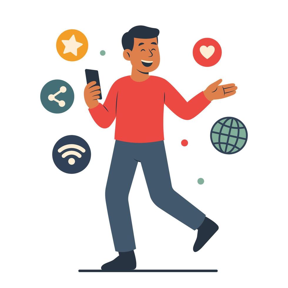 Cheerful Man Person Cartoon Character Holding Gadget in Social Media Digital World vector