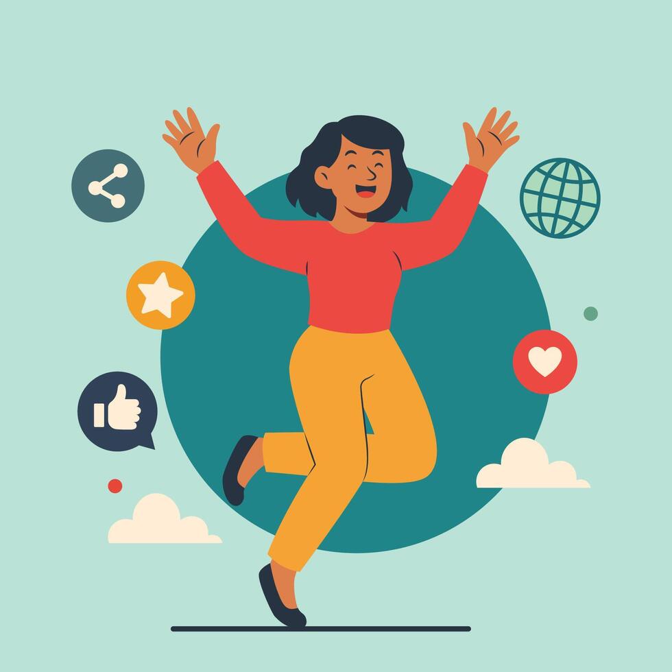 Happy Woman People Cartoon Character in Social Media Digital World vector