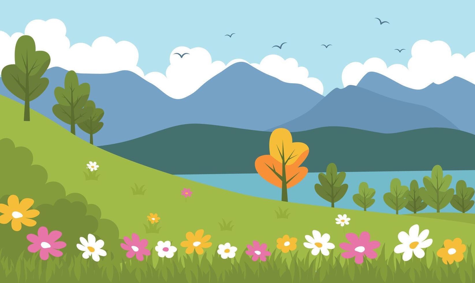 Beautiful Summer Spring Nature Landscape with Mountain Lake River View and Blossom Flowers vector