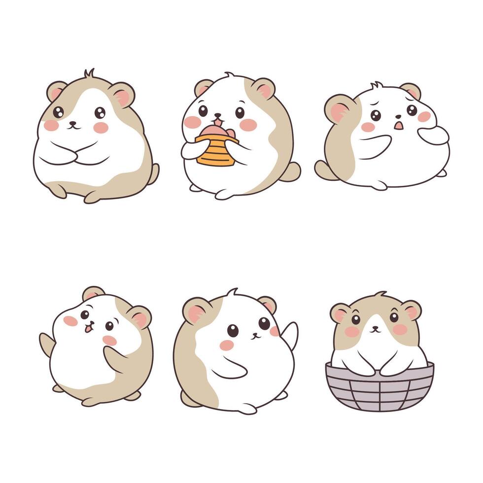 Set of Cute Kawaii Brown Little Hamster Mouse Animal Cartoon Character with Biscuit Food vector
