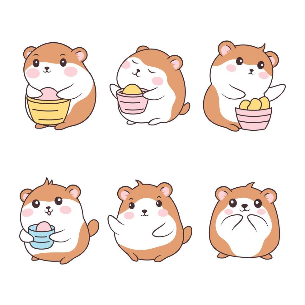 Set of Funny Kawaii Orange Little Hamster Mouse Animal Cartoon Character with Potato Food in Bowl vector