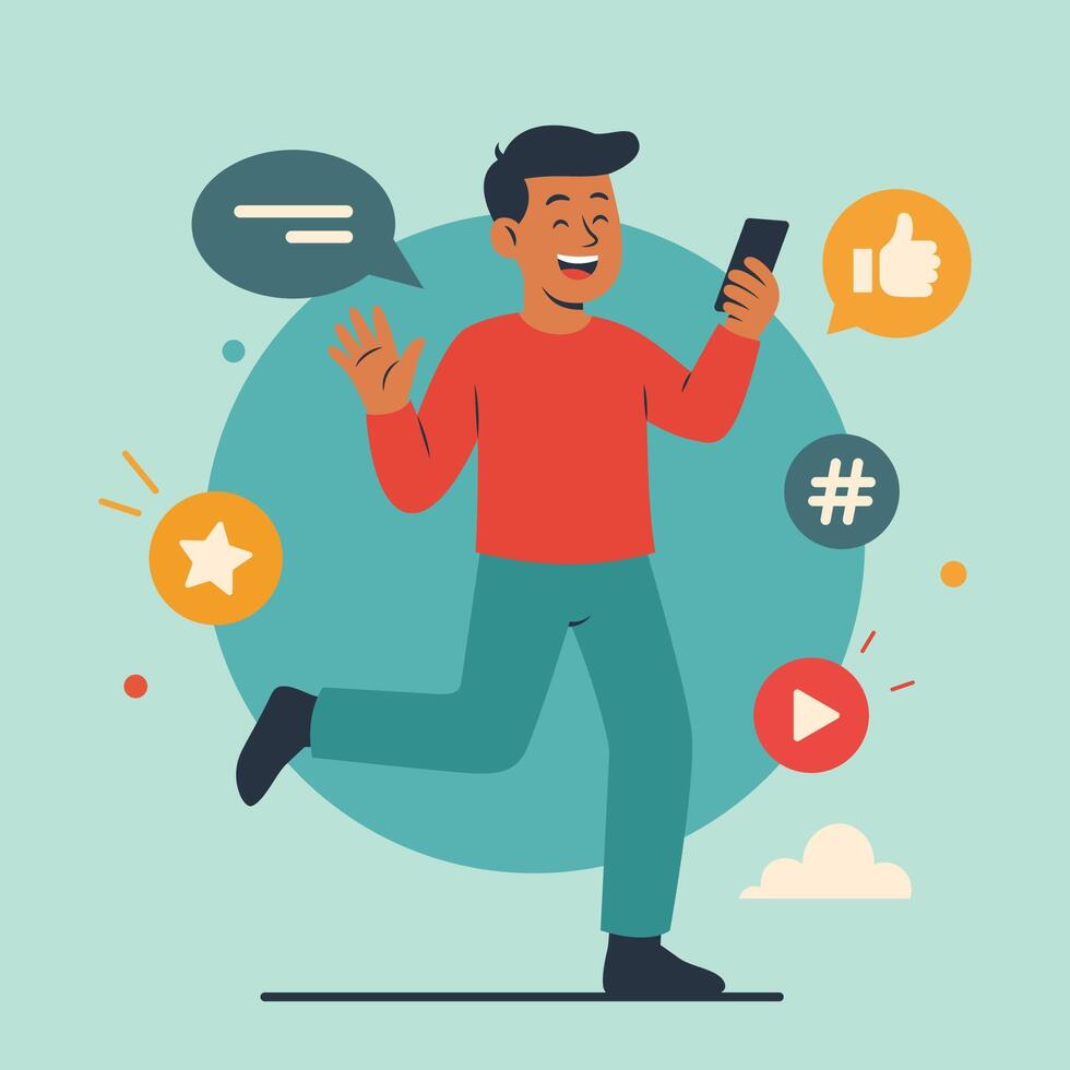 Happy Man Person Cartoon Character Holding Gadget in App Social Media Digital World vector