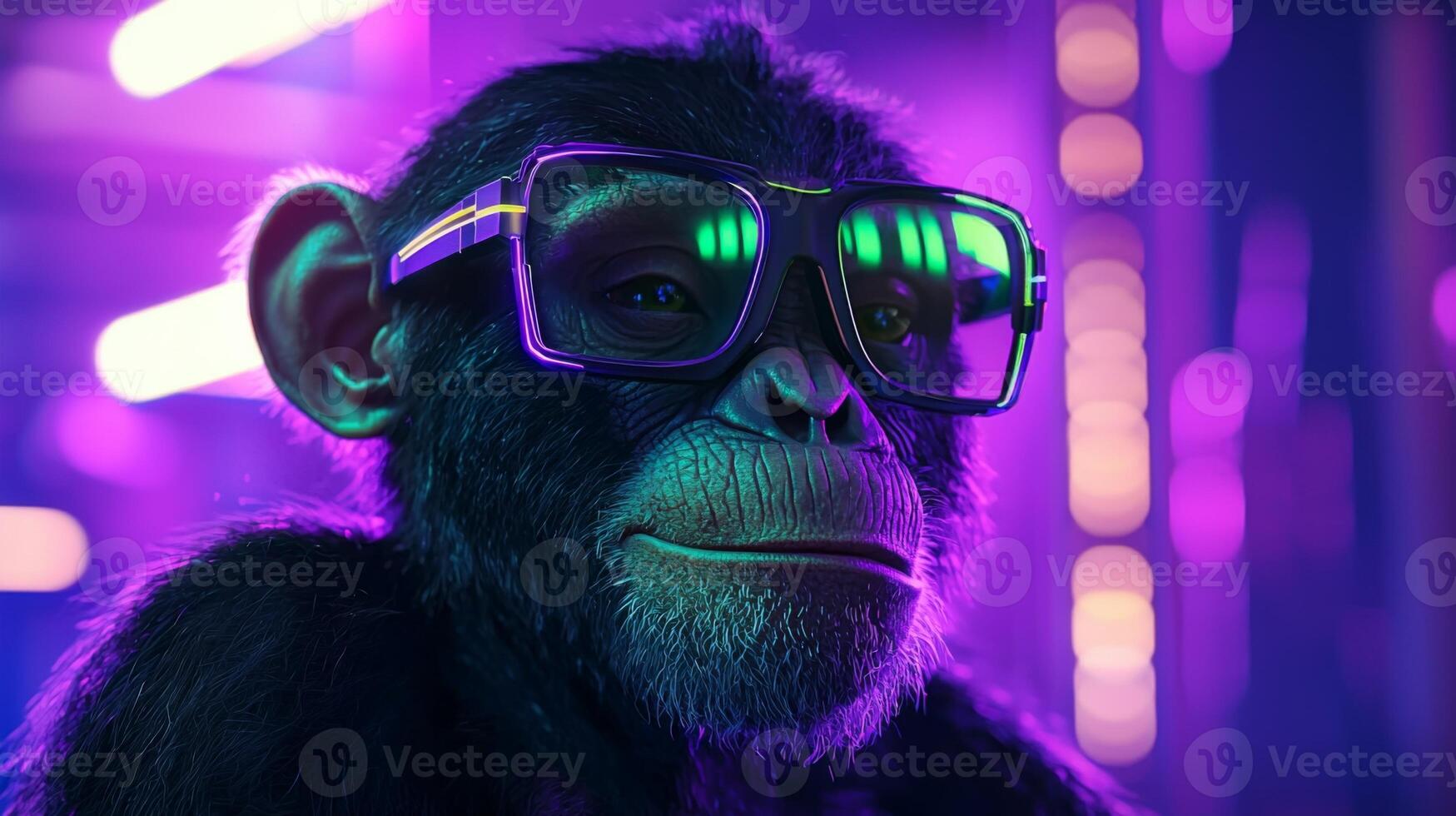 A stylish ape lounges in vibrant neon lights while wearing trendy glasses at a lively club photo