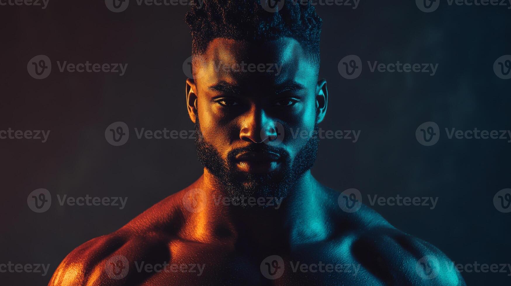 A muscular man posing dramatically with colorful lighting at dusk photo
