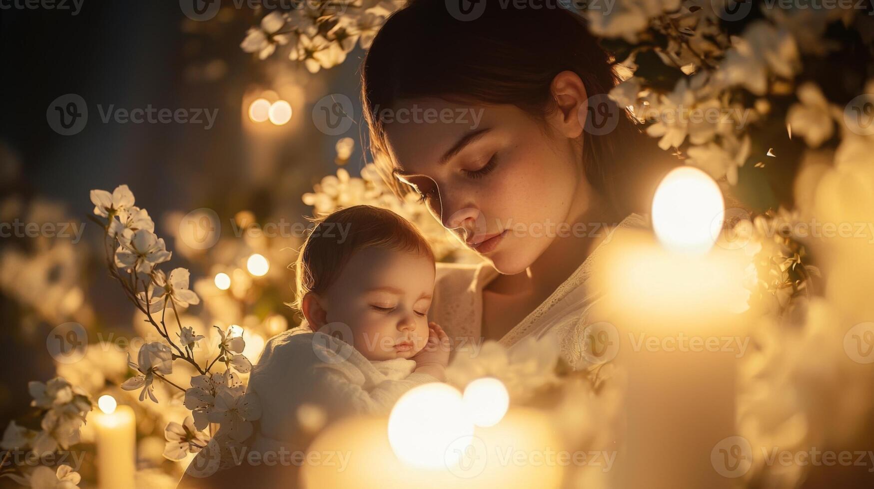 A serene moment between a mother and baby surrounded by soft candlelight and blossoms photo
