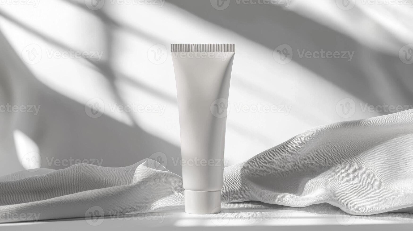 Minimalist skincare product displayed elegantly on soft fabric with dramatic shadows playing around photo