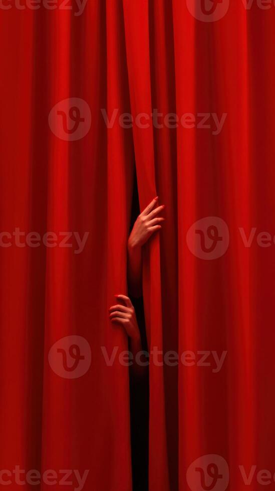 Mysterious hands emerging from red curtains photo