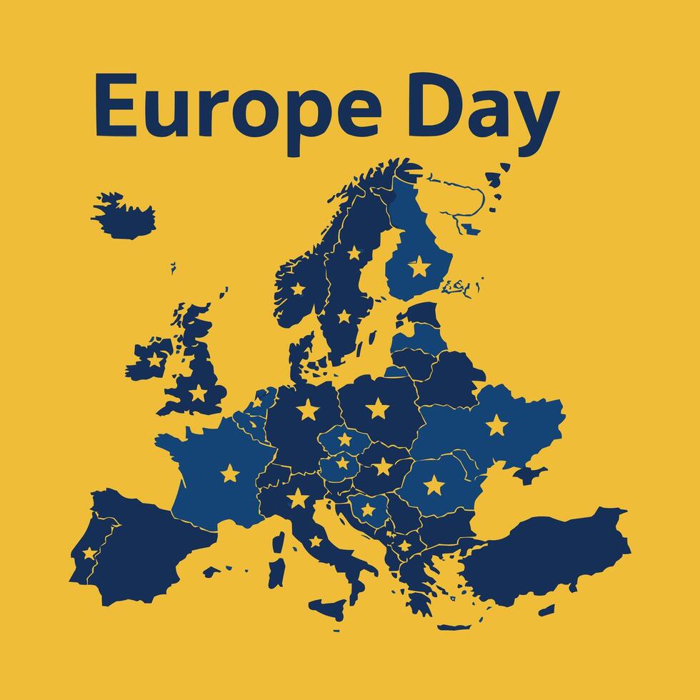 Europe Day Map Highlighting European Countries with Stars on Yellow Background vector