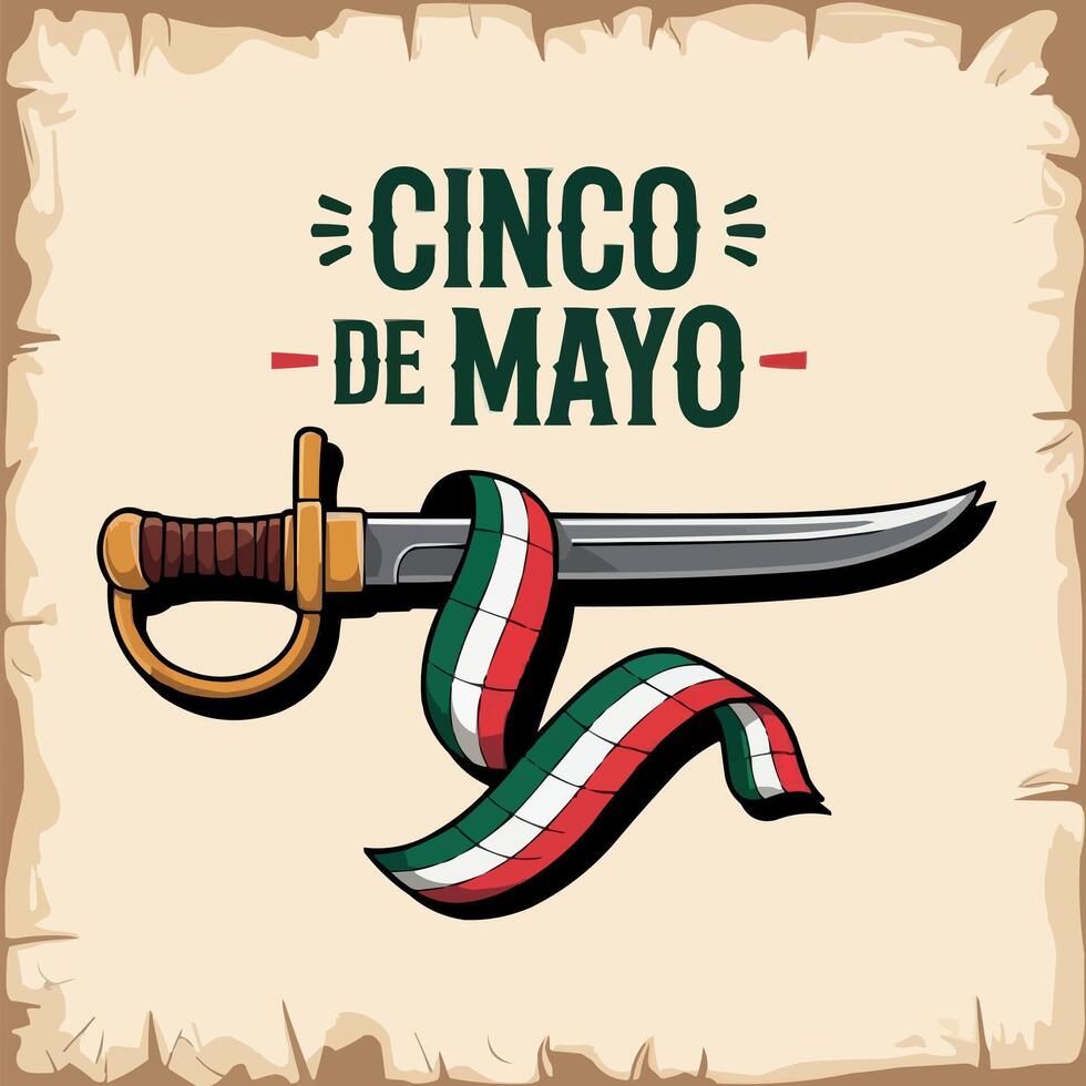 mexican flag with cinco de mayo sword and ribbon vintage illustration vector