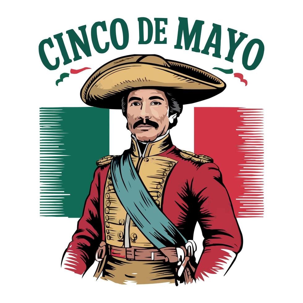 mexican soldier with sombrero and flag illustration vector