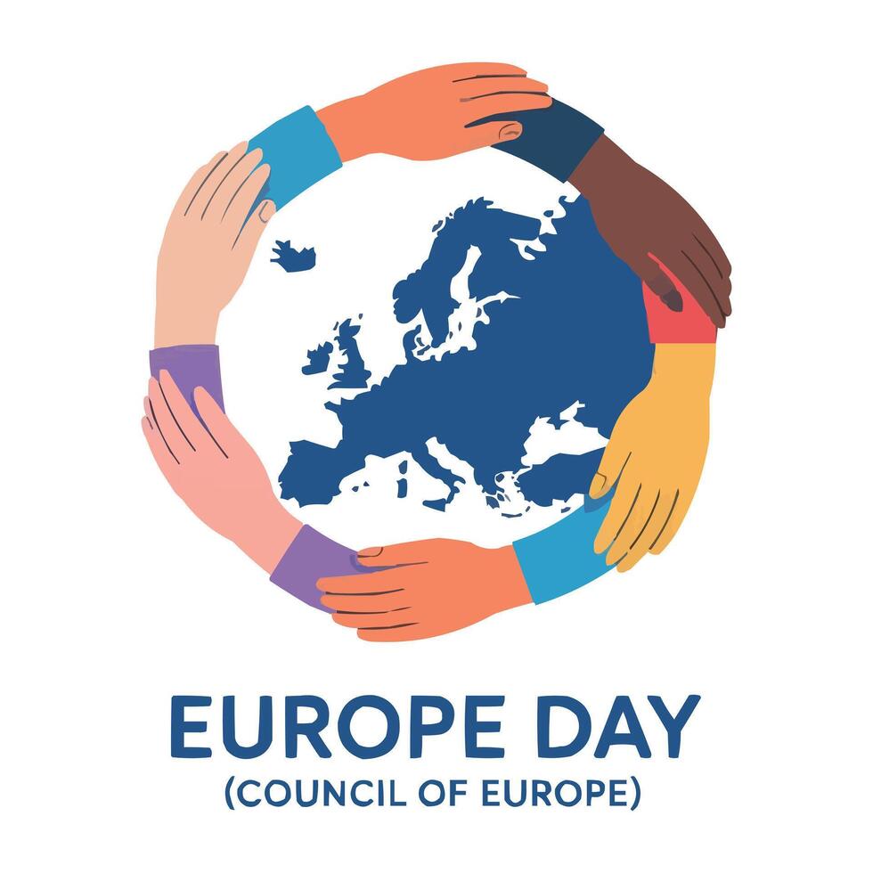 Europe Day Council of Europe Illustration with Unity Hands Around Continent vector