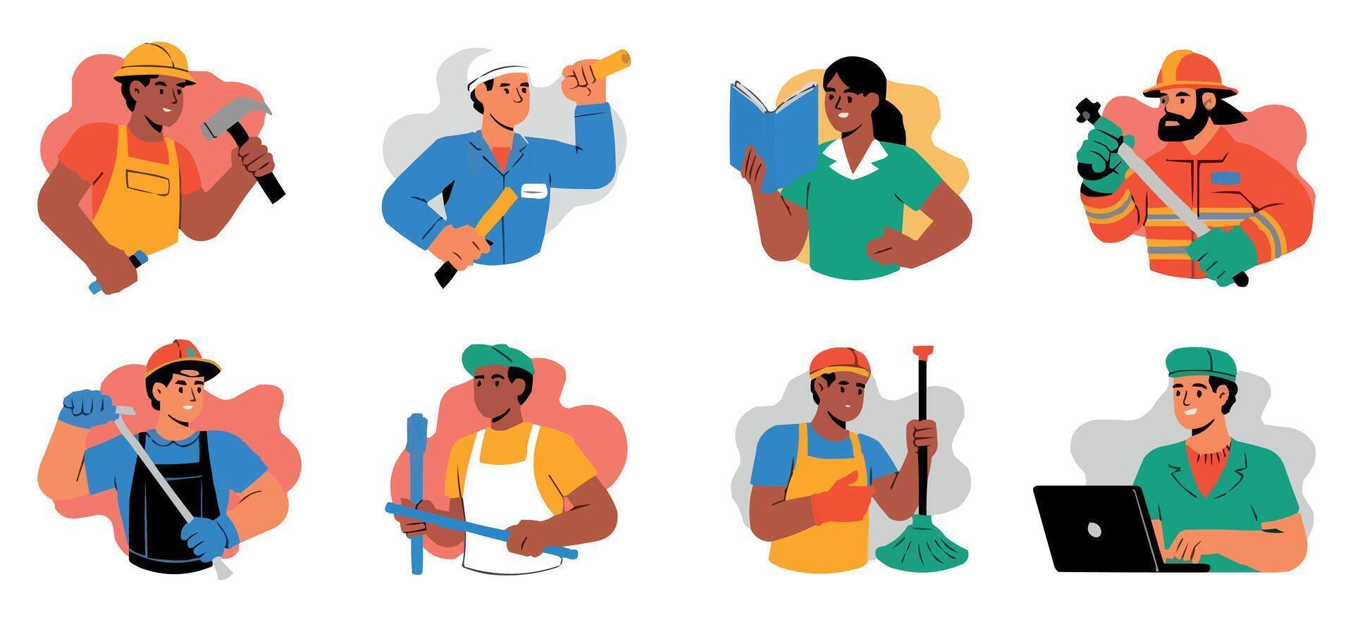 a set of different types of workers, including a man with a hammer vector