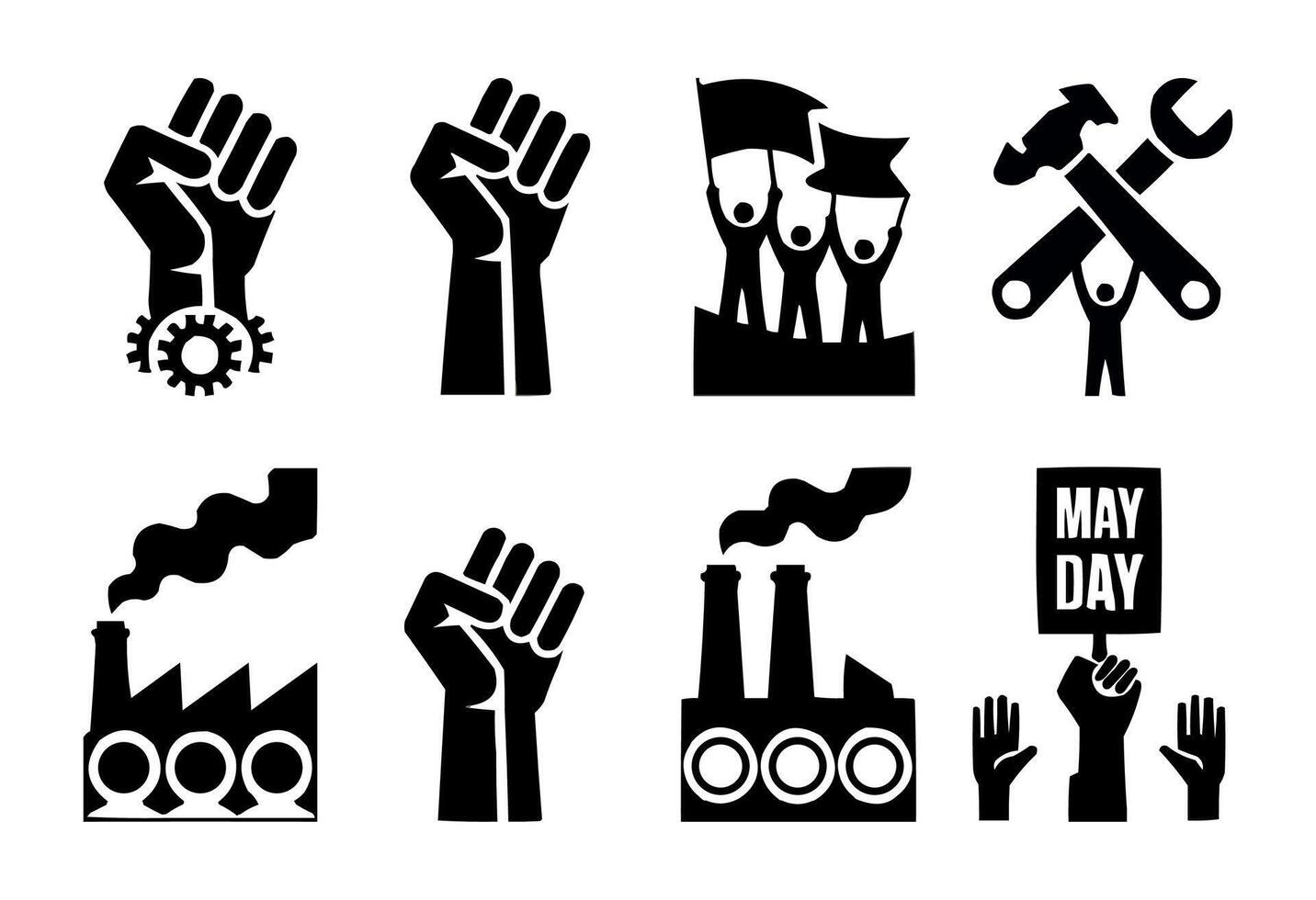may day icons set, black and white illustration vector