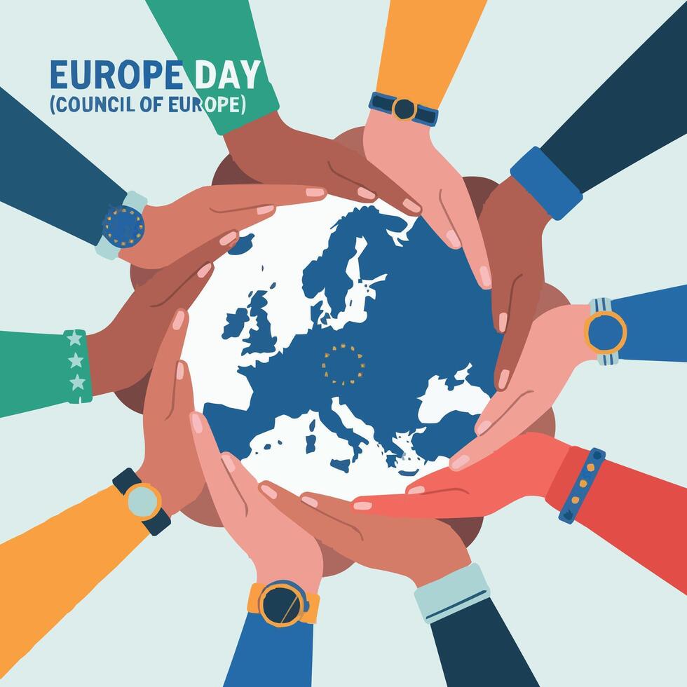 europe day concept with hands around the globe illustration vector