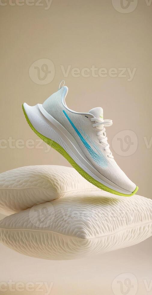 White running shoe floating above two large soft pillows, comfort and rest after exercising photo