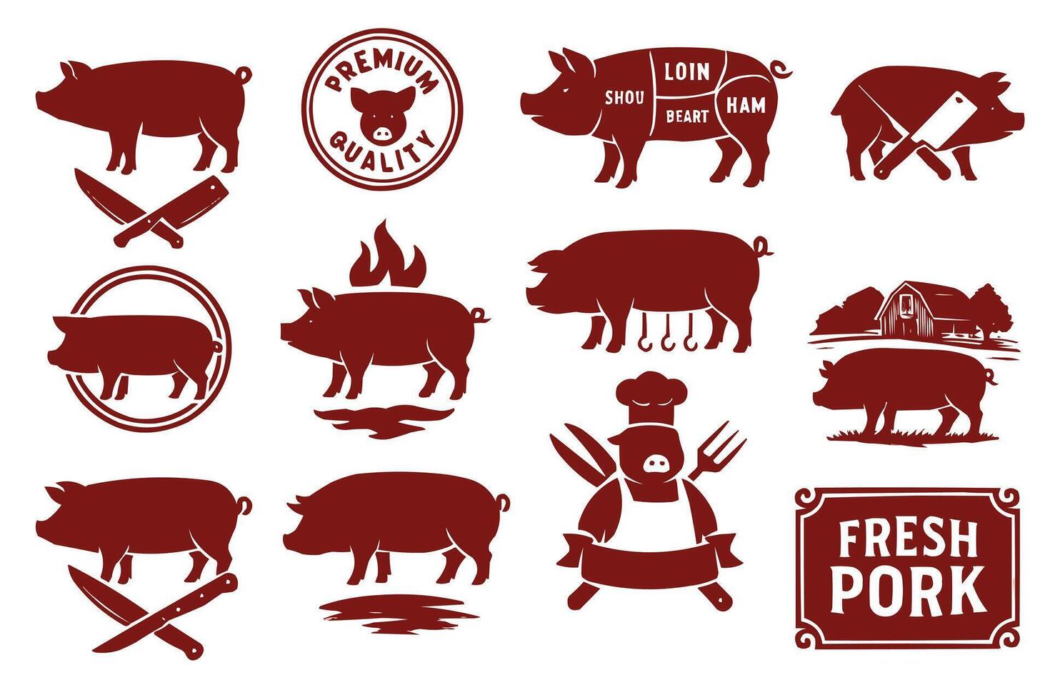 set of pig icons and labels vector