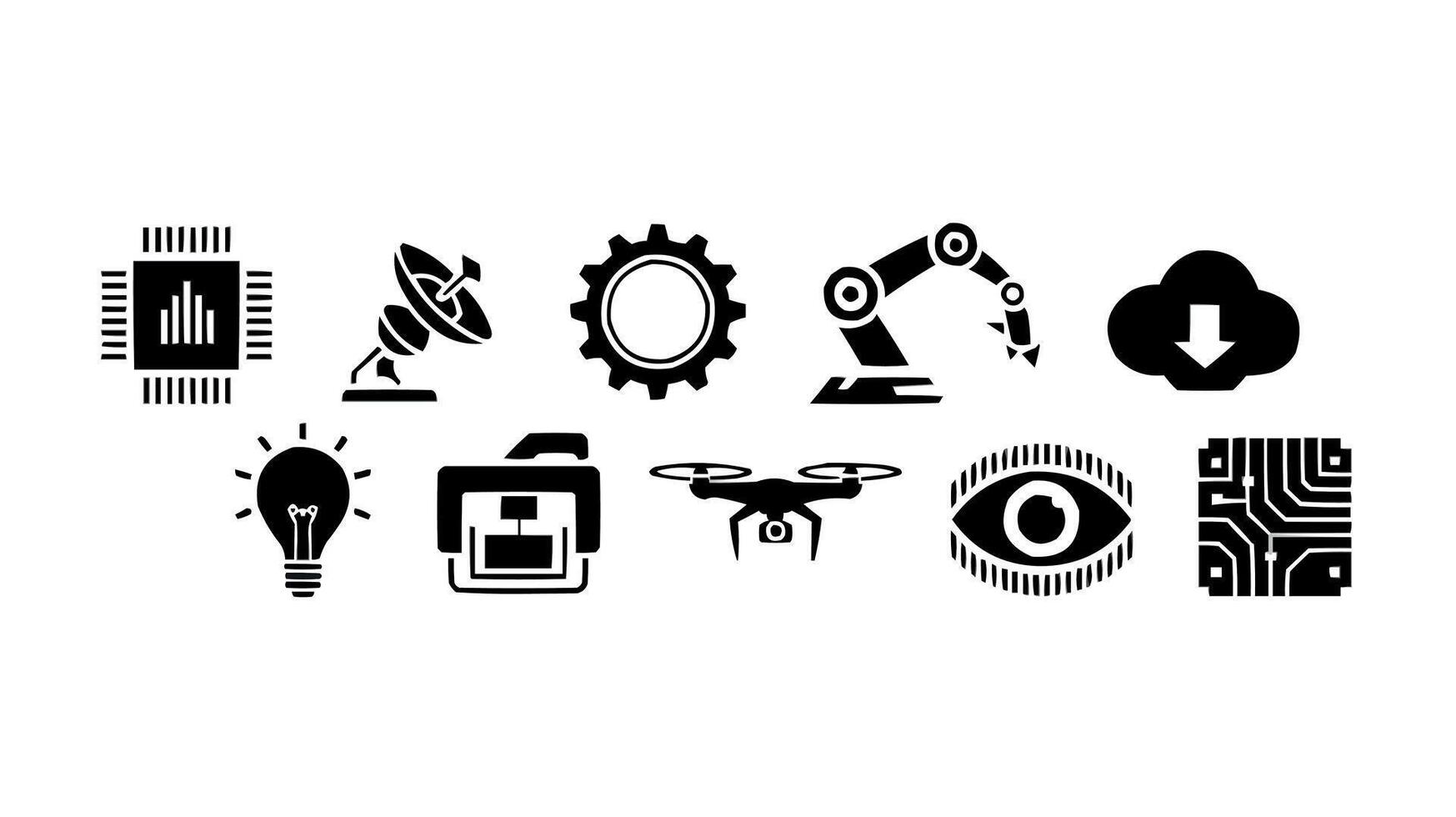 a set of black and white icons that include a robot, a camera, a computer, and vector