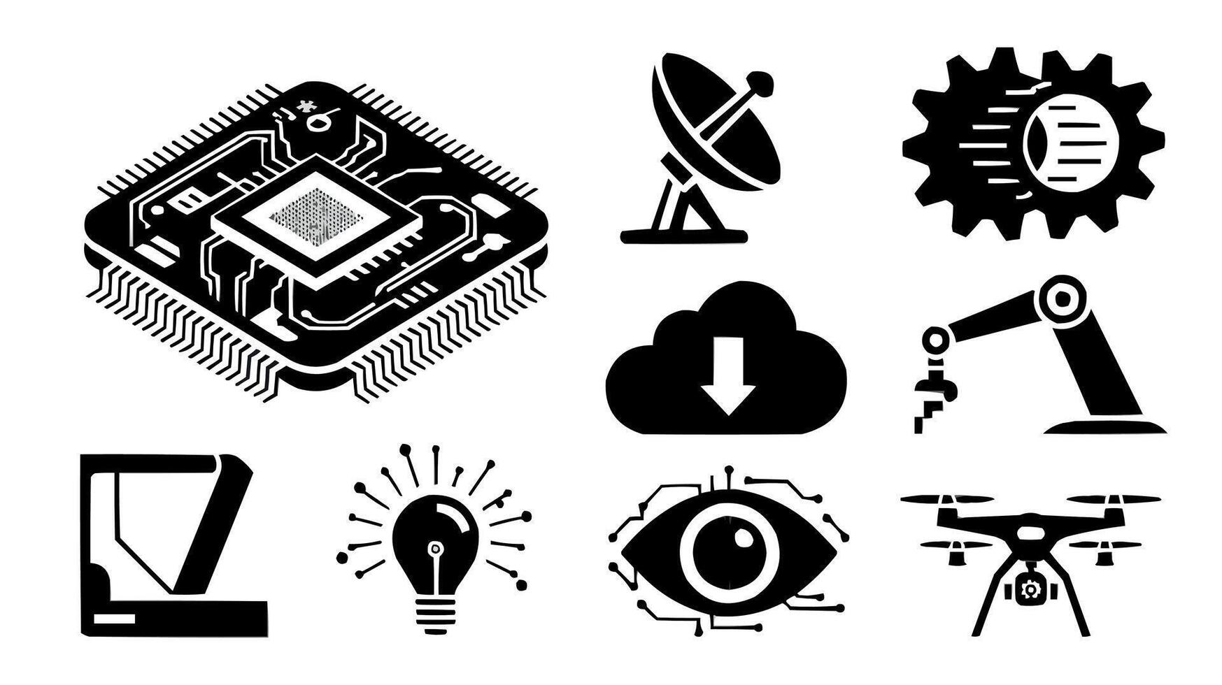 a set of black and white icons depicting various types of technology artwork vector