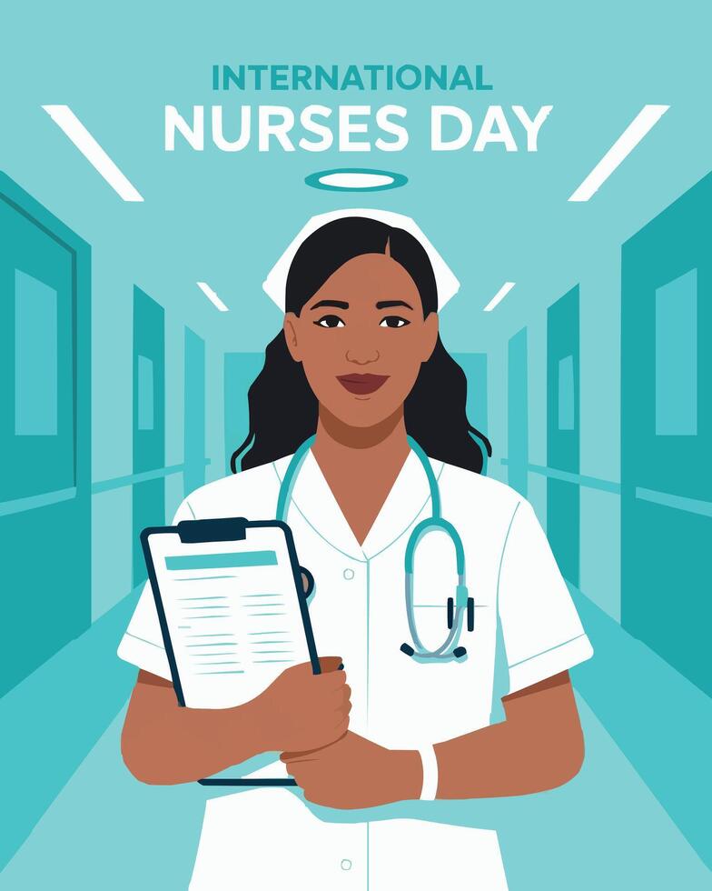 international nurses day nurse holding clipboard and clipboard in corridor vector