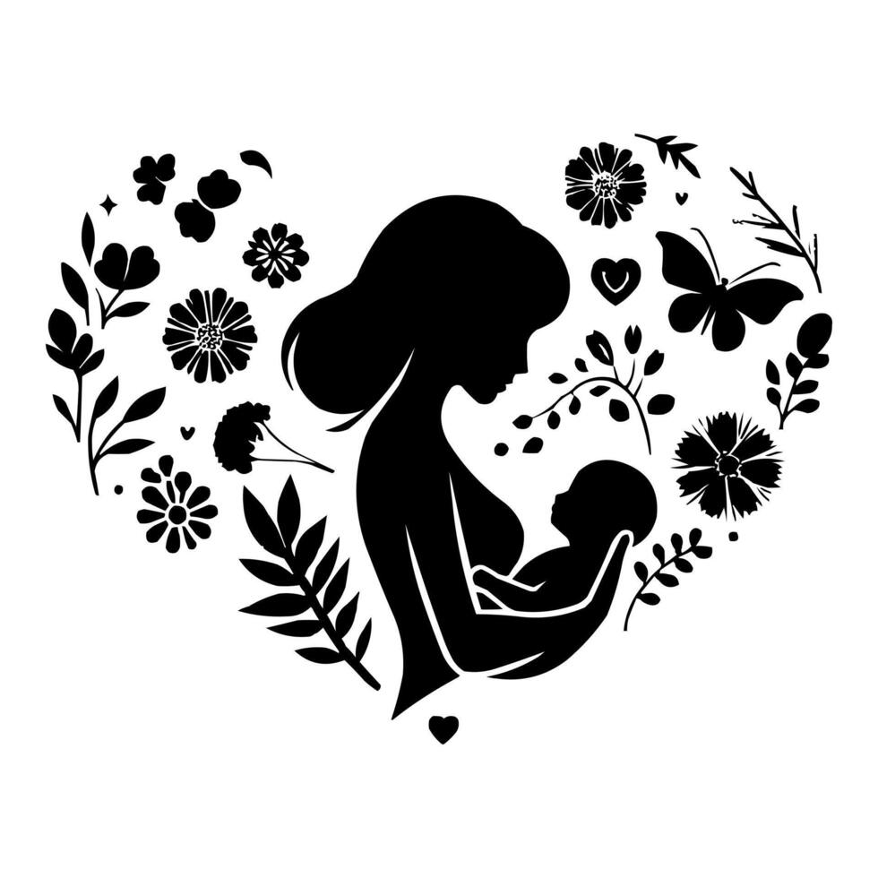 silhouette of a mother holding her baby in the shape of a heart vector