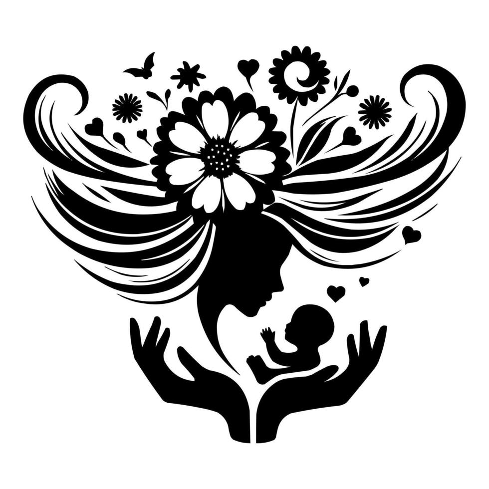 silhouette of a mother holding a baby with flowers in her hair vector