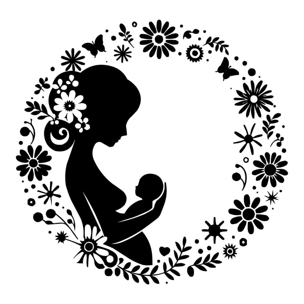 silhouette of a pregnant woman holding a baby in a floral wreath vector
